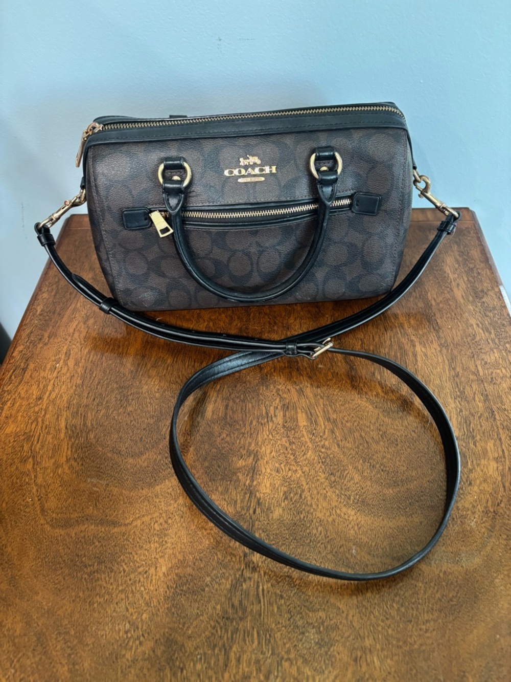 Coach Rowan Satchel in signature brown and black coated canvas